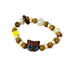 Цвет Древесины Браслеты из дерева и стеклянных бусин, эластичные браслеты из смолы в форме кошки для мужчин и женщин, деревесиные, внутренний диаметр: 2-3/8 дюйм (6 см)