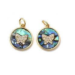 Настоящее золото 18K Латунные микро проложить кубического циркония подвески, бабочка, с ракушкой пауа и эпоксидной смолой, стойки покрытие, долговечный, без свинца и без кадмия, с целью перехода в кольце, реальный 18 k позолоченный, 15x13x2 мм, отверстие : 3 мм