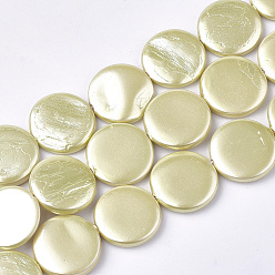 Light Yellow Spray Paint Freshwater Shell Beads Strands, Pearlized Style, Flat Round, Light Yellow, 16x3~4mm, Hole: 1mm, 25pcs/strand, 15.7 inch