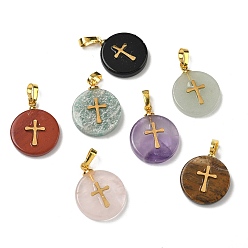 Смешанные камни Природные смешанные подвески драгоценных камней, плоские круглые подвески золотистого оттенка 304 крестообразные пластины из нержавеющей стали и латунные застежки-кнопки, 19~20.5x16~16.3x3.5~4.8 мм, отверстие : 6x3 мм