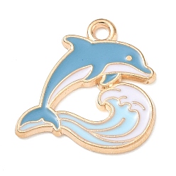 Sky Blue Alloy Enamel Pendants, Dolphin Charms, Light Gold, Sky Blue, 18x18x1.2mm, Hole: 1.6mm