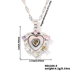 Платина Латунные разноцветные кубические цирконии ожерелья в форме сердца с подвеской, с белой скорлупой, платина, 15.75 дюйм (40 см)