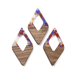 (123L) Белый крем непрозрачный блеск Подвески из орехового дерева, смола и золотая фольга, ромб, огнеупорный кирпич, 47.5x25.5x3.5 мм, отверстие : 2 мм