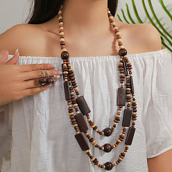 Кокосово-Коричневый Многослойные ожерелья и серьги-подвески из деревянных бусин в богемном этническом стиле, плоско-круглые, кокосового коричневый, 840 мм и 40.2x15.9 мм