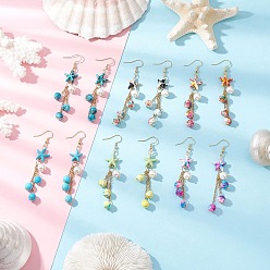 Морская звезда 304 серьги-подвески из нержавеющей стали с синтетической бирюзой в виде морской звезды, с имитацией жемчужины из ракушки, золотые, морская звезда, 79x14 мм, 6 пар / набор