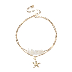 Golden Natural White Moonstone Chips Beaded & Starfish Charms Double Layer Multi-strand Bracelet, Stainless Steel Jewelry for Women, Golden, 9-3/8 inch(23.7cm)