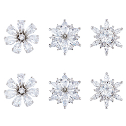 Platinum 6Pcs 3 Style 1-Hole Brass Cubic Zirconia Buttons, Flower, Platinum, 15~17x13~16.5x5~7.5mm, Hole: 0.9~1.5mm, 2pcs/style