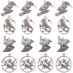 Mixed Shapes 40Pcs 4 Styles Tibetan Style Alloy Pendants, Crow Charms, Antique Silver, Mixed Shapes, 16.5~25x17~25x2.5~3.5mm, Hole: 1.4~1.6mm, 10pcs/style