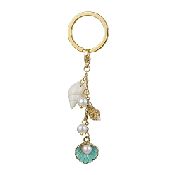 Shell Shape Alloy Enamel & Spiral Shell Pendant Keychains, with Glass Pearl and Iron Split Key Rings, Shell Shape, 9.1cm