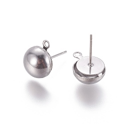 Stainless Steel Color Non-Tarnish Stainless Steel Stud Earring Findings, with Loop, Half Round, Stainless Steel Color, 12.5x10mm, Hole: 1.4mm, Pin: 0.7mm