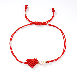 Letter S Браслеты из плетеных бусин из латуни и смолы, Регулируемые браслеты из волоконного шнура в форме сердца для женщин, плоские круглые с буквы, Письмо с, 11.02 дюйм (28 см)