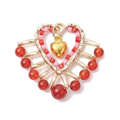 Красный Агат Подвески из натурального сердолика (окрашенного и нагретого) и стеклянных бусин, литые сердце прелести, золотой свет, 33x35x6.5 мм, отверстие : 1.2 мм