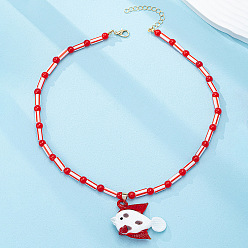 Белый Летние летние пляжные рыбки, пластиковые подвески, стеклянные бусины, ожерелья для женщин, белые, 15.94 дюйм (40.5 см), Кулон : 44x35 мм