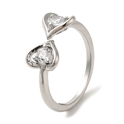 Платина Открытые женские манжеты из латуни с фианитами, Двойное сердце, платина, размер США 6 3/4 (17.1 мм)