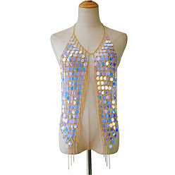 Васильковый Плоские круглые акриловые пайетки на тело цепочки, цепочка с кисточками из золотого сплава, васильковый, 510 мм