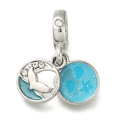 Платина Подвеска из эмалированного сплава с покрытием из сплава в европейском стиле, Летние подвески с большими отверстиями и хрустальными стразами в виде хвоста кита, платина, 24.5 мм, отверстие : 4.5 мм