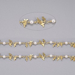Golden Handmade Brass Beaded Chains, with Brass Charms, Glass Imitation Pearl and Spool, Soldered, Long-Lasting Plated, Cross, White, Golden, 10.5x3.2x3mm, 3.5x2.5x0.3mm, about 32.8 Feet(10m)/roll