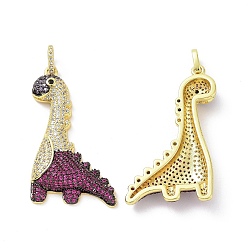 Purple Brass Micro Pave Cubic Zirconia Pendants, Cadmium Free & Lead Free, Dinosaur Charms, Real 18K Gold Plated, Purple, 39x22x5mm, Hole: 3.5x4mm