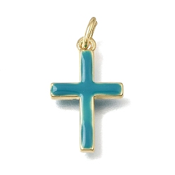Green Brass Enamel Pendants, Cross Charms, Cadmium Free & Lead Free, Rack Plating, Long-Lasting Plated, Real 18K Gold Plated, Green, 19x11.5x2.5mm, Hole: 3mm