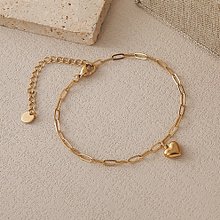 Настоящее золото 18K 304 Браслеты из нержавеющей стали в виде сердечка и цепочки из скрепки для женщин, реальный 18 k позолоченный, 6.89 дюйм (17.5 см)