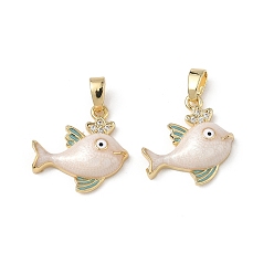 (404) Непрозрачное AB Кислое яблоко Латунные микро проложить кубического циркония подвески, с эмалью, очарование рыбы, реальный 18 k позолоченный, цветочный белый, 16x16.5x4.3 мм, отверстие : 4x2.5 мм