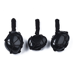 Обсидиан Природные подвески обсидиана, с тканой тайваньской нейлоновой нитью, самородки, 40~60x20~27x12~24 мм, отверстие : 10~16 мм