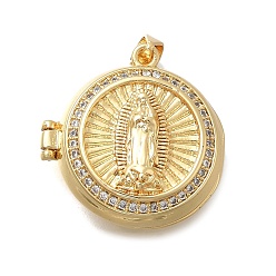 Круглые Латунные подвески с микропаве из прозрачного кубического циркония, реальный 18 k позолоченный, без кадмия и без свинца, долговечный, стойки покрытие, очарование Девы Марии, круглые, 25x24x10.5 мм, отверстие : 3.5x4 мм, внутренний диаметр: 19.5 мм
