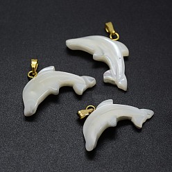 Golden Shell Pendants, with Brass Findings, Dolphin, Golden, 18~19x22~23x2~4mm, Hole: 2x5mm