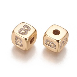 Letter B Brass Micro Pave Cubic Zirconia Beads, Horizontal Hole, Real 18K Gold Plated, Long-Lasting Plated, Cube with Letter, Clear, Letter.B, 9x9x9mm, Hole: 3.5mm