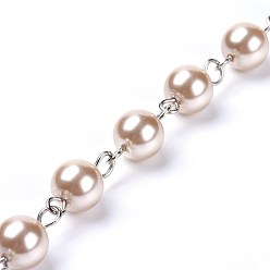 PeachPuff Handmade Dyed Glass Pearl Beaded Chains, Unwelded, with Iron Eye Pin, Platinum, PeachPuff, 39.37 inch, 1m/strand