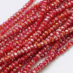 Красный Стеклянные бусины с гальваническим покрытием , AB цвет, граненые, рондель, красные, 4x3 мм, отверстие : 1 мм, около 138 шт / нитка, 16.5 дюйм