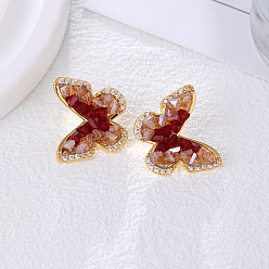 Настоящее золото 18K Серьги-гвоздики с бабочками из латуни с микропаве из прозрачных кубических цирконий, cmолой, игла из стерлингового серебра, реальный 18 k позолоченный, 17x20 мм