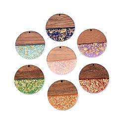 (52) Непрозрачная лаванда Подвески из непрозрачной смолы и орехового дерева, плоские круглые прелести, с блестящей пудрой и золотой фольгой, разноцветные, 38x3~4 мм, отверстие : 2 мм