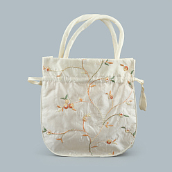 Floral White Retro Rectangle Cloth Drawstring Women Wristlets, with Handles, Embroidery Flower Pattern, Floral White, 21x20x6cm