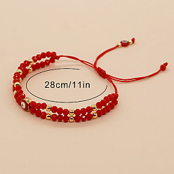 Red Brass Enamel Evil Eye & Glass Seed Braided Bead Bracelets, Adjustable Bracelet, Red, Inner Diameter: 11 inch(28cm)