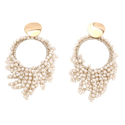 Желтая Старая Ткань  Плоские круглые серьги-гвоздики из латунных стеклянных бусин, золотые, старое кружево, 97x50 мм