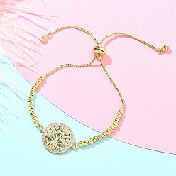 Плоский Круглый День матери латунные браслеты с микропаве из кубического циркония и серебра для женщин, реальный 18 k позолоченный, плоско-круглые, 8-5/8 дюйм (22 см), Кулон : 17x22 мм