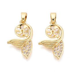 Настоящее золото 18K Латунные микро-паве прозрачные кубические цирконии европейские подвески-шармы, привязка поручительств, рыбий хвост, за половину пробурено бисера, реальный 18 k позолоченный, 24x14x3 мм, отверстие : 5.5x3 мм, штифты : 0.8 мм