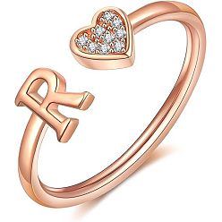 Letter R Регулируемые латунные кольца из манжеты из горного хрусталя, письмо и сердце, розовое золото , Буква R, внутренний диаметр: 15~20 мм