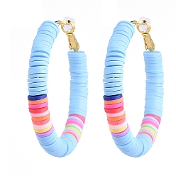 Light Sky Blue Basketball Wives Style Brass Heishi Beaded Hoop Earrings, with Plastic Earring Backs, Ring, Light Sky Blue, 50mm, Pin: 0.7mm