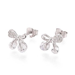 Платина 925 серьги-гвоздики в форме банта из стерлингового серебра с микропаве из прозрачных кубических цирконий, платина, 7~8x8 мм