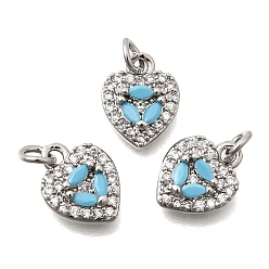 Платина День святого валентина латунь микропаве подвески из фианита, сердце прелести, платина, 11x8.5x3 мм, отверстие : 2.5 мм