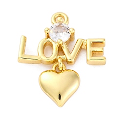 Настоящее золото 18K Латунные микро проложить кубического циркония подвески, без кадмия, без никеля и без свинца, слова любви и сердечки, реальный 18 k позолоченный, 18.5x16x3.5 мм, отверстие : 1.4 мм