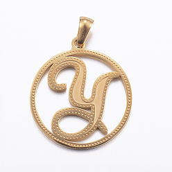 Letter Y Ion Plating(IP) 304 Stainless Steel Pendants, Flat Round with Letter, Golden, Letter.Y, 28x25x1.2mm, Hole: 6x3.5mm
