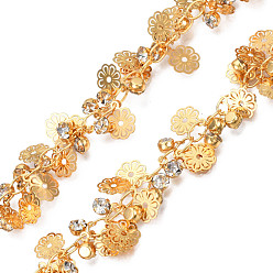 Real 18K Gold Plated Brass Cable Chains, with Flower and Crystal Rhinestone Charms, Soldered, with Spool, Cadmium Free & Nickel Free & Lead Free, Real 18K Gold Plated, 5x3x0.5mm