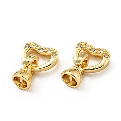 Golden Rack Plating Brass Micro Pave Clear Cubic Zirconia Fold Over Clasps, Cadmium Free & Lead Free, Long-Lasting Plated, Heart, Golden, Heart: 9.5x11x3mm, Hole: 1.4x1.8mm, Clasp: 10.5x6x6.5mm, Inner Diameter: 4.2mm