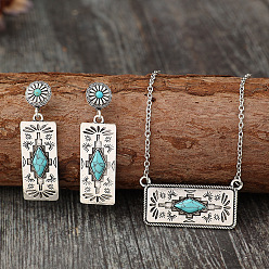 Античное Серебро Комплекты серег-гвоздиков и ожерелий с подвесками из сплава западных ацтеков и синтетической бирюзы, прямоугольные, античное серебро, 19.69 дюйм (500 мм)
