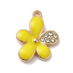 Gelb Blumenlegierungsemailleanhänger, mit Strass, Licht Gold, Gelb, 17.5x13x2.5 mm, Bohrung: 1.4 mm