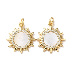 Солнце Латунные микропаве прозрачные подвески с фианитом, без кадмия и без свинца, с раковиной и прыгать кольцо, реальный 18 k позолоченный, солнце, 20.5x18.5x2 мм, отверстие : 3 мм