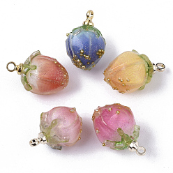 Mixed Color Handmade Flower Epoxy Resin Pendants, with Brass Peg Bails and Glass Micro Beads, Bud, Golden, Mixed Color, 14~15x9~10x9~10mm, Hole: 1.2mm